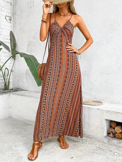Women’s Boho Ethnic Print Maxi Dress – Backless Split Thigh Frill Trim Summer Beach Long Dress