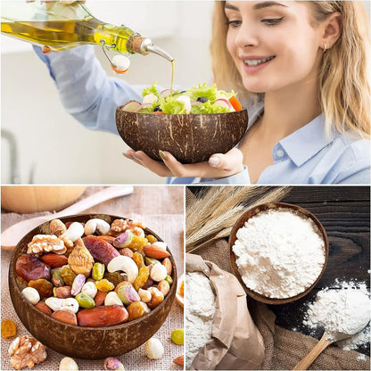 Coconut Bowls for Serving – Reusable Wooden Salad and Dish Utensils | Natural Coconut Shell Bowls for Breakfast and Parties