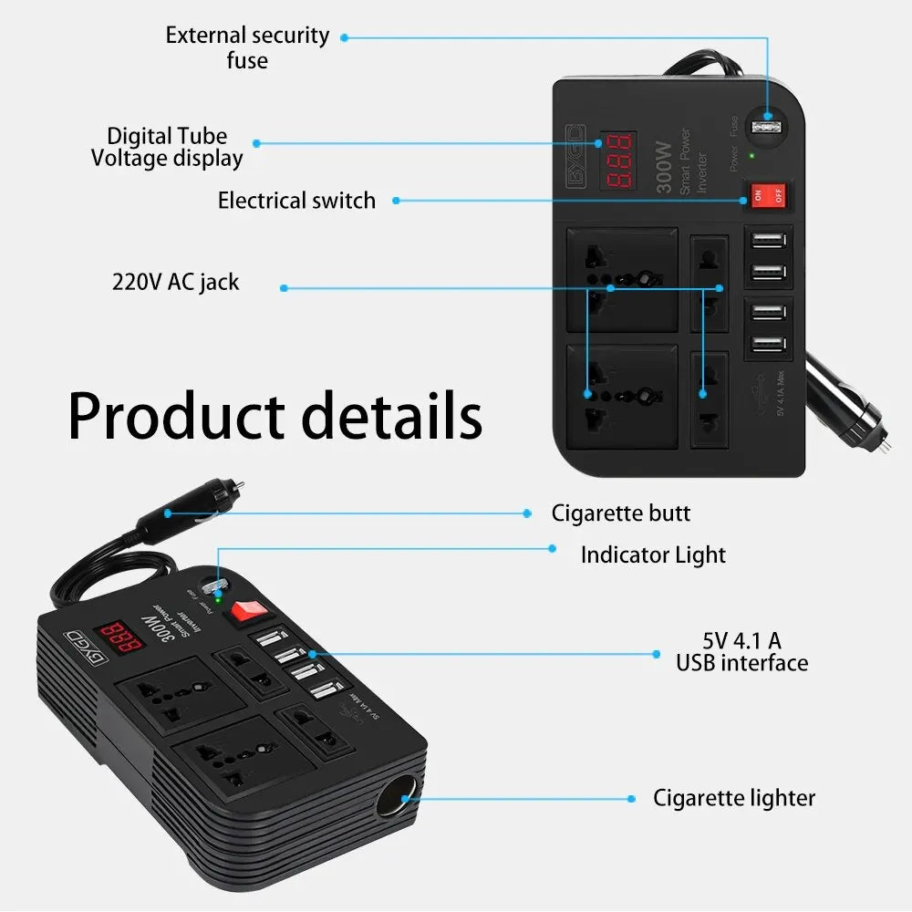 Multi-Function Home Inverter: DC 12V to 220V Modified Sine Wave, 300W High-Power Automotive Power Converter