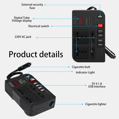 Multi-Function Home Inverter: DC 12V to 220V Modified Sine Wave, 300W High-Power Automotive Power Converter
