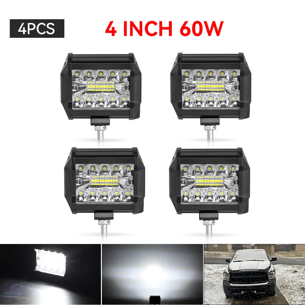 4" / 7" LED Work Light Bar 144W/120W Spot Flood Combo – Off-Road Lighting for Car, Tractor, Boat, Truck, SUV & ATV Repair & Utility Use