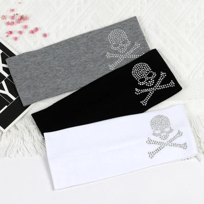 Skull Rhinestone Hairband - Retro Punk Wide-Edge Sports Headband with Elastic Anti-Sweat Design