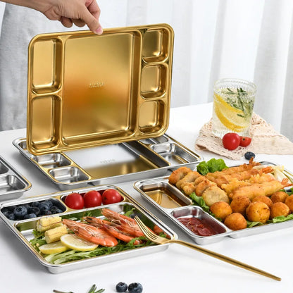 Gold Stainless Steel Divided Dining Plate – Compartment Food Serving Tray Kitchen Tableware
