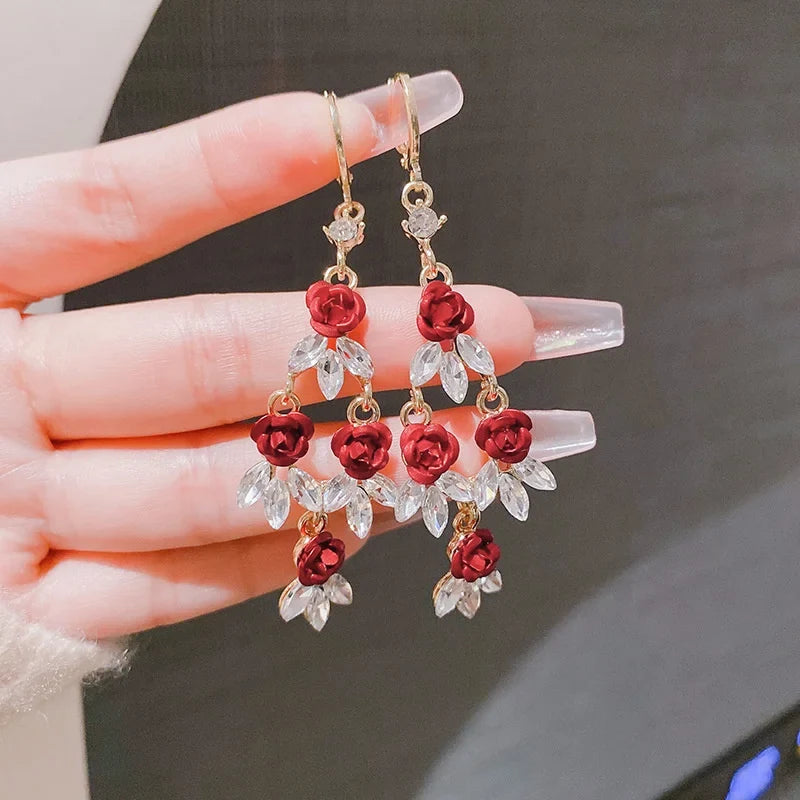 French Red Rose Tassel Earrings - Elegant Flower Zircon Dangle Jewelry for Bridal Weddings & Parties
