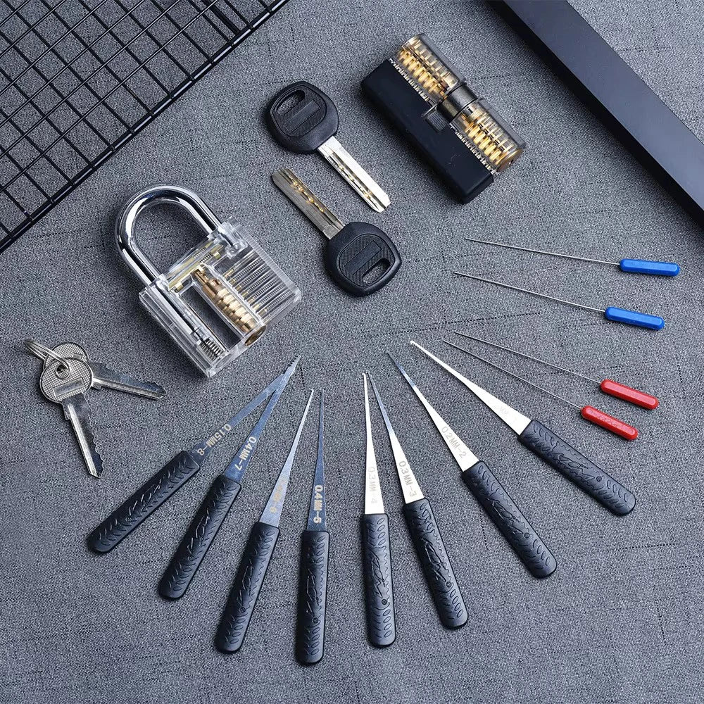 KAK Transparent Practice Padlock Set - Cutaway Training Lock with Broken Key Extractor Hooks and Locksmith Tools
