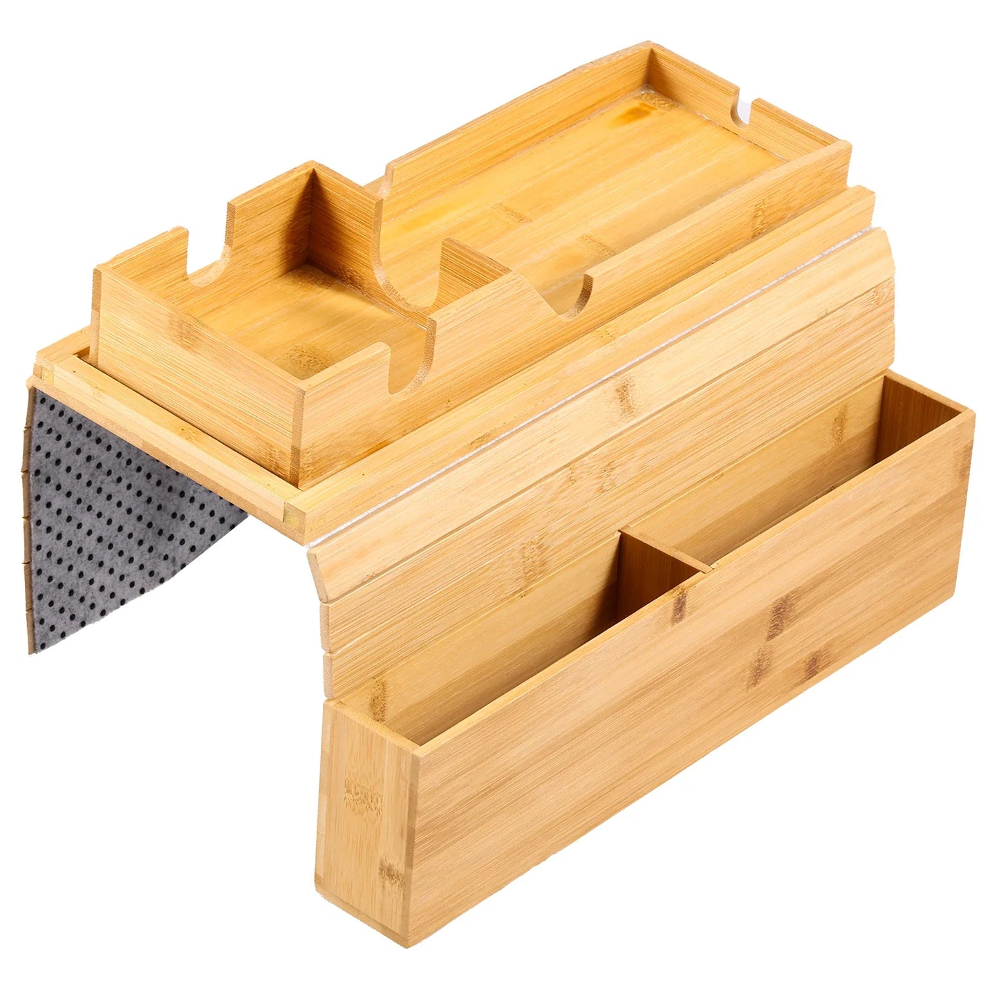 Bamboo Couch Cup Holder with Side Storage Pocket – Anti-Slip Foldable Sofa Armrest Tray for Cups, Snacks & Drinks