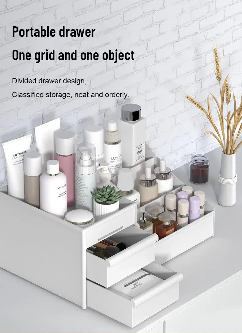 White New Drawer Makeup Storage Box – Plastic Dormitory & Desktop Organizer for Cosmetics & Skin Care – Dressing Table Storage Solution