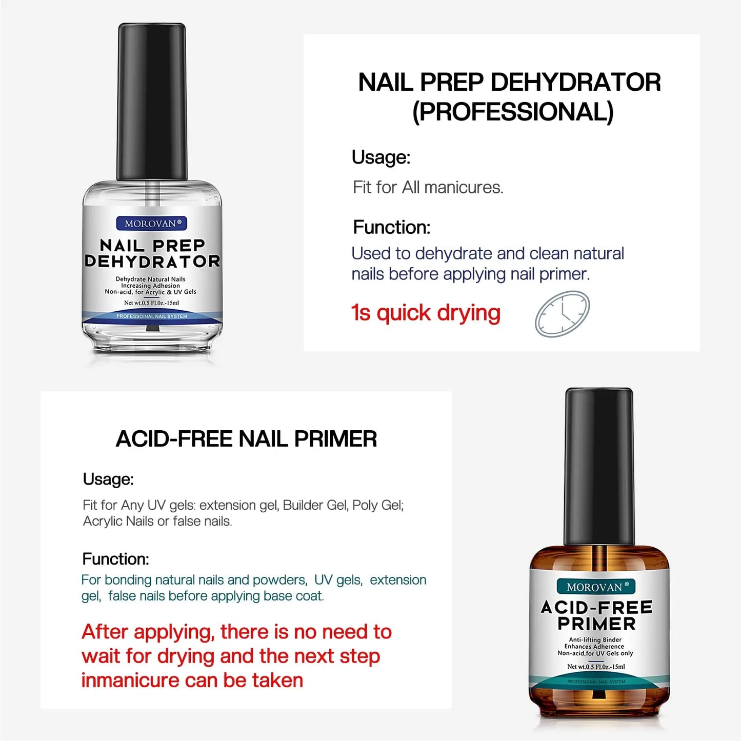 Morovan Natural Nail Dehydrator & Acid-Free Primer – For Acrylic & Gel Nails, UV Gel Nail Primer