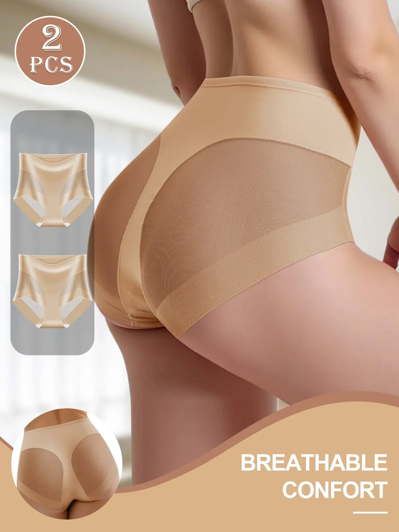 2PCS Women's High Waist Seamless Briefs – Soft Breathable Mesh Underwear in Solid & Contrast Colors