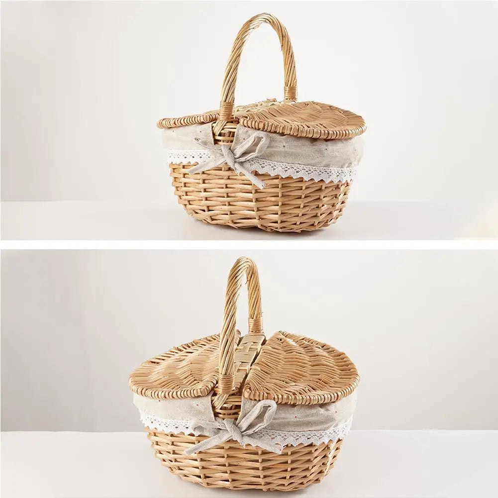 Handmade Wicker Picnic Basket with Handle – Multi-Purpose Willow Woven Storage Hamper for Outdoor Camping and Fruit