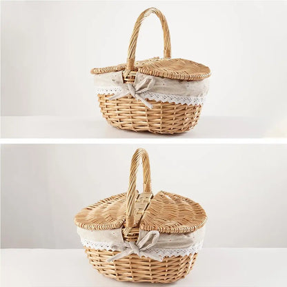 Handmade Wicker Picnic Basket with Handle – Multi-Purpose Willow Woven Storage Hamper for Outdoor Camping and Fruit