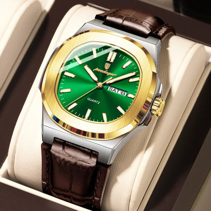 POEDAGAR Luxury Men’s Square Quartz Watch – Luminous Waterproof Leather Strap with Week Calendar
