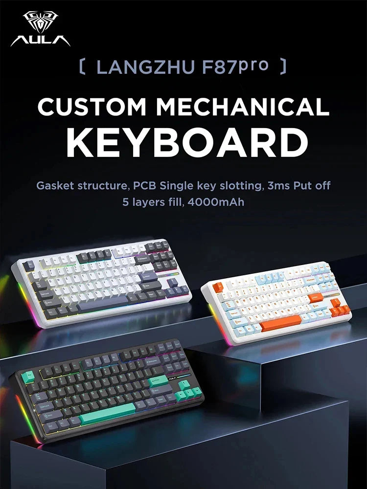 AULA F87 Pro 87-Key Mechanical Keyboard – Tri-Mode 2.4G/USB/Bluetooth, RGB, PBT Keycaps, Gasket Mount, 5-Layer Silencing, Full Key No Impact