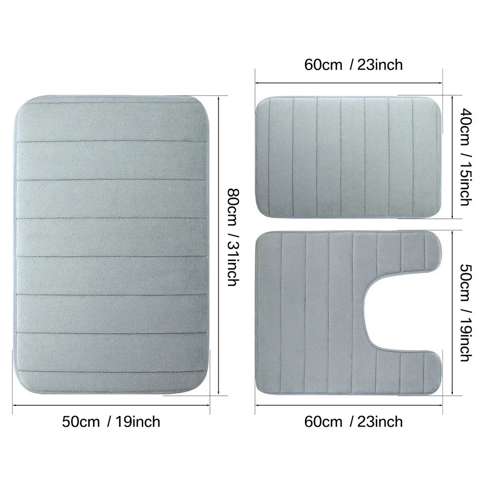 3PC Set Non-Slip Memory Foam Bath Mats - Soft, Water Absorbent, Quick-Dry, Machine Washable Floor Rugs