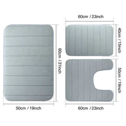 3PC Set Non-Slip Memory Foam Bath Mats - Soft, Water Absorbent, Quick-Dry, Machine Washable Floor Rugs