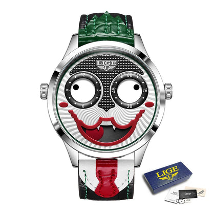 LIGE 2025 Men’s Creative Clown Quartz Watch – Waterproof Leather Strap Joker Fashion Wristwatch
