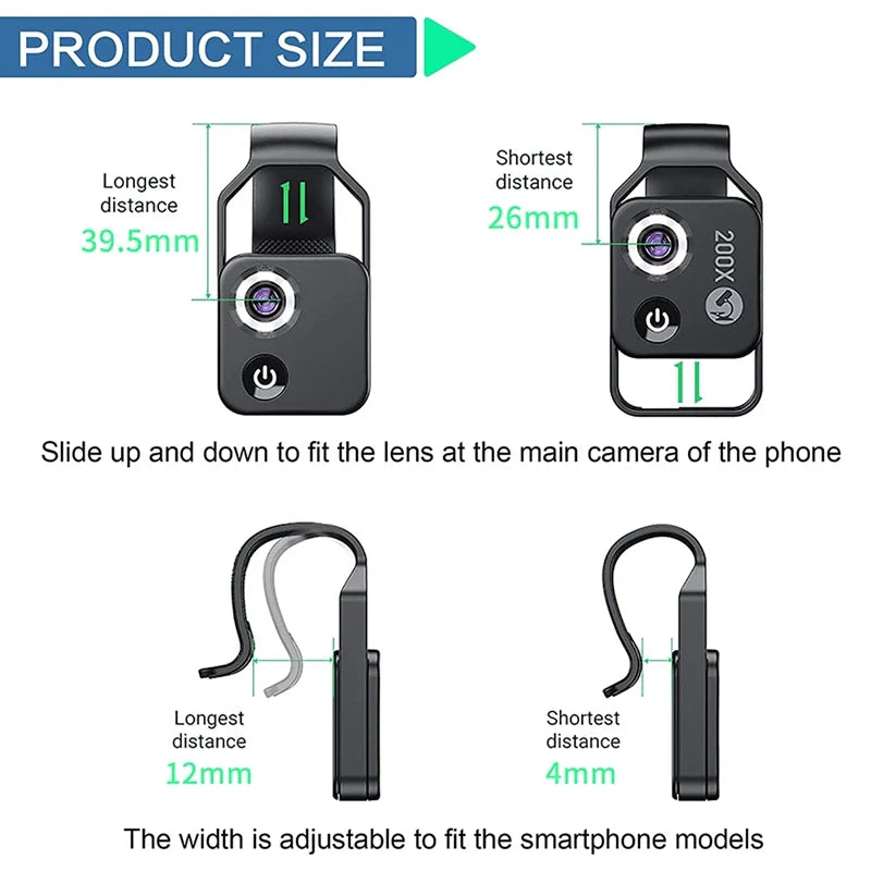 200X Cell Phone Microscope Accessory – Portable Mini Digital Microscope with CPL Lens, LED Light, Universal Clip