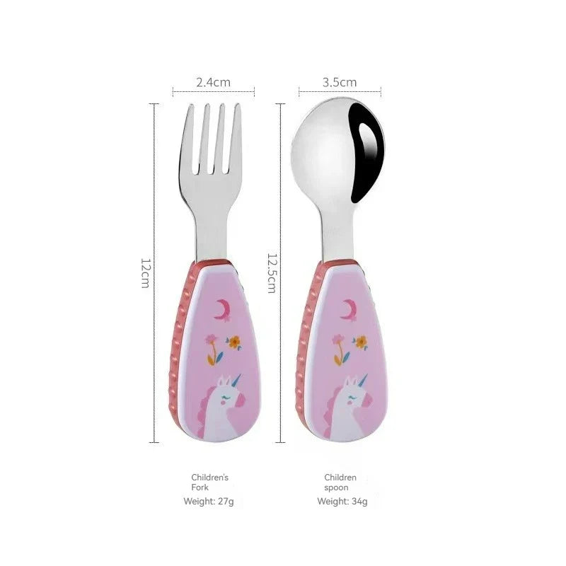 Toddler Dinosaur Spoon & Fork Set - Stainless Steel Cartoon Feeding Utensils with Short Handle for Kids