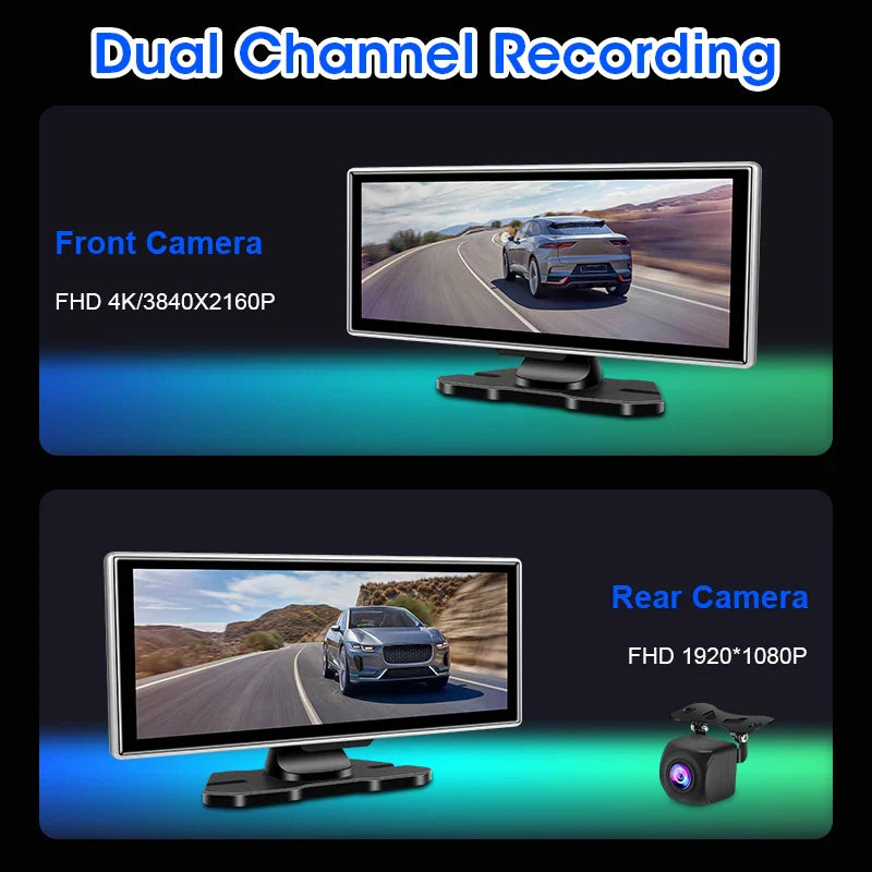 4K Dash Cam 10–11.26 Inch Car DVR – Wireless CarPlay & Android Auto GPS Navigation Dual Lens Video Recorder with WiFi FM AUX