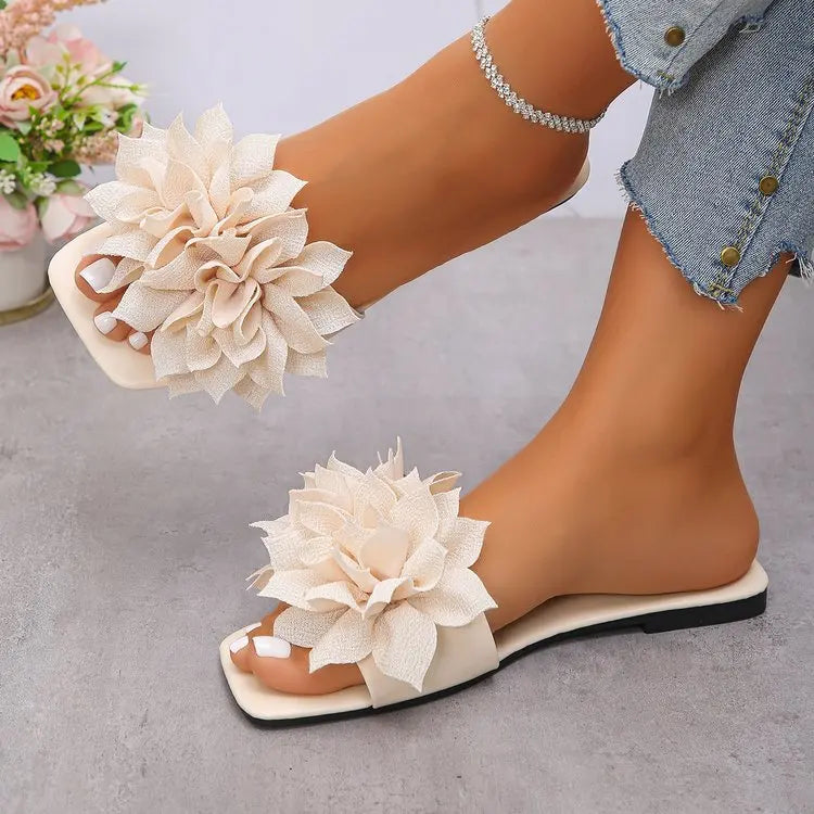 Women's Floral Flat Slippers - Solid Color Open-Toe Summer Beach Slides