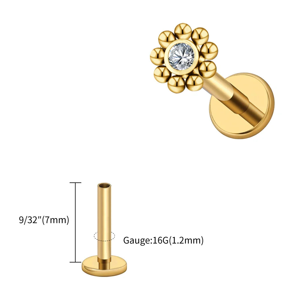 Right Grand ASTM F136 Titanium 16G Mini Beaded Sun Labret Stud CZ Flower – Tragus, Helix, Conch & Nose Piercing Body Jewelry