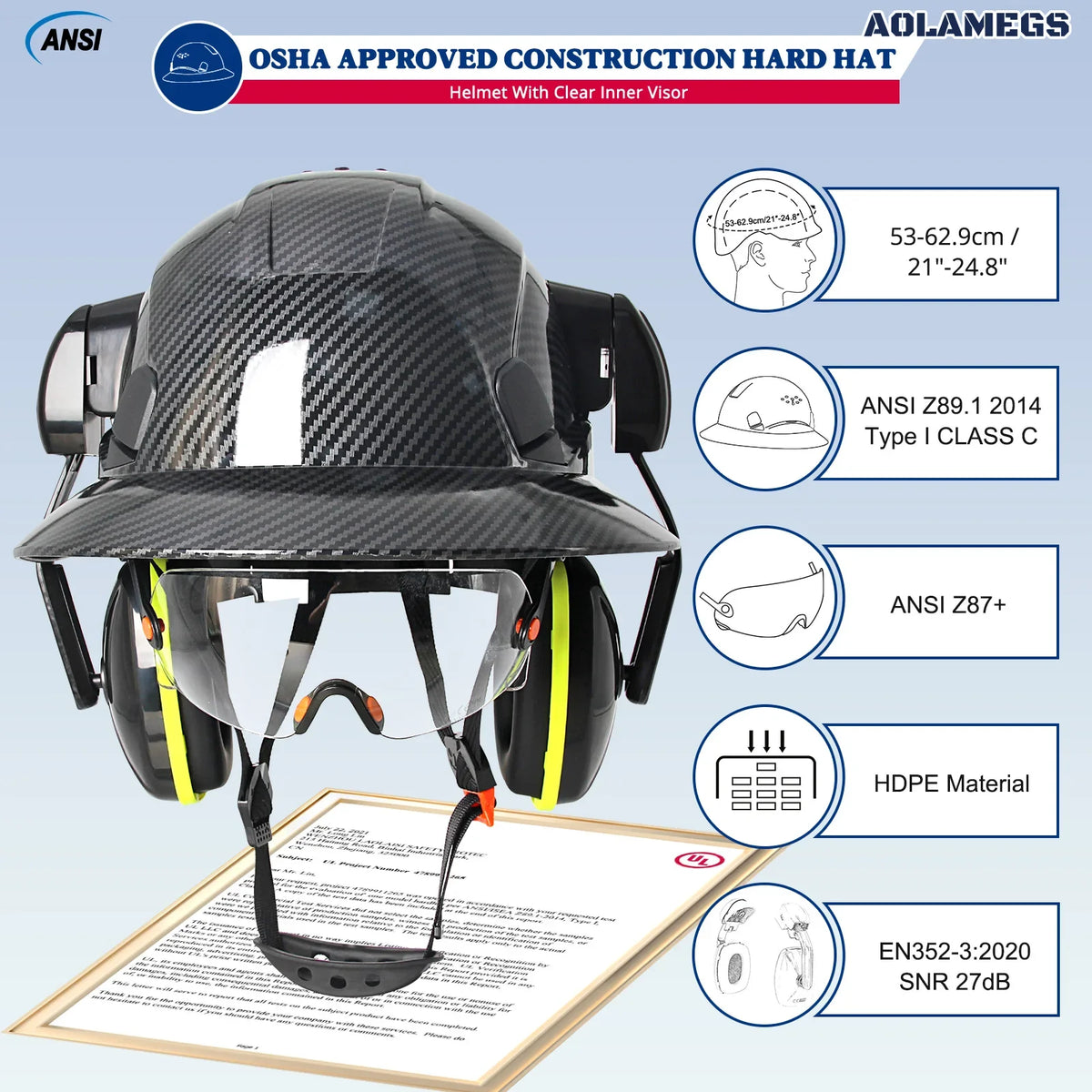 CE Full Brim Safety Helmet - HDPE Construction Hard Hat with Built-In Goggles & Earmuffs
