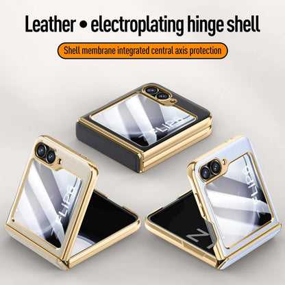 Electroplated Leather Case for Samsung Galaxy Z Flip 6/5 – Skin-Friendly Shockproof Hinge Cover with Tempered Film