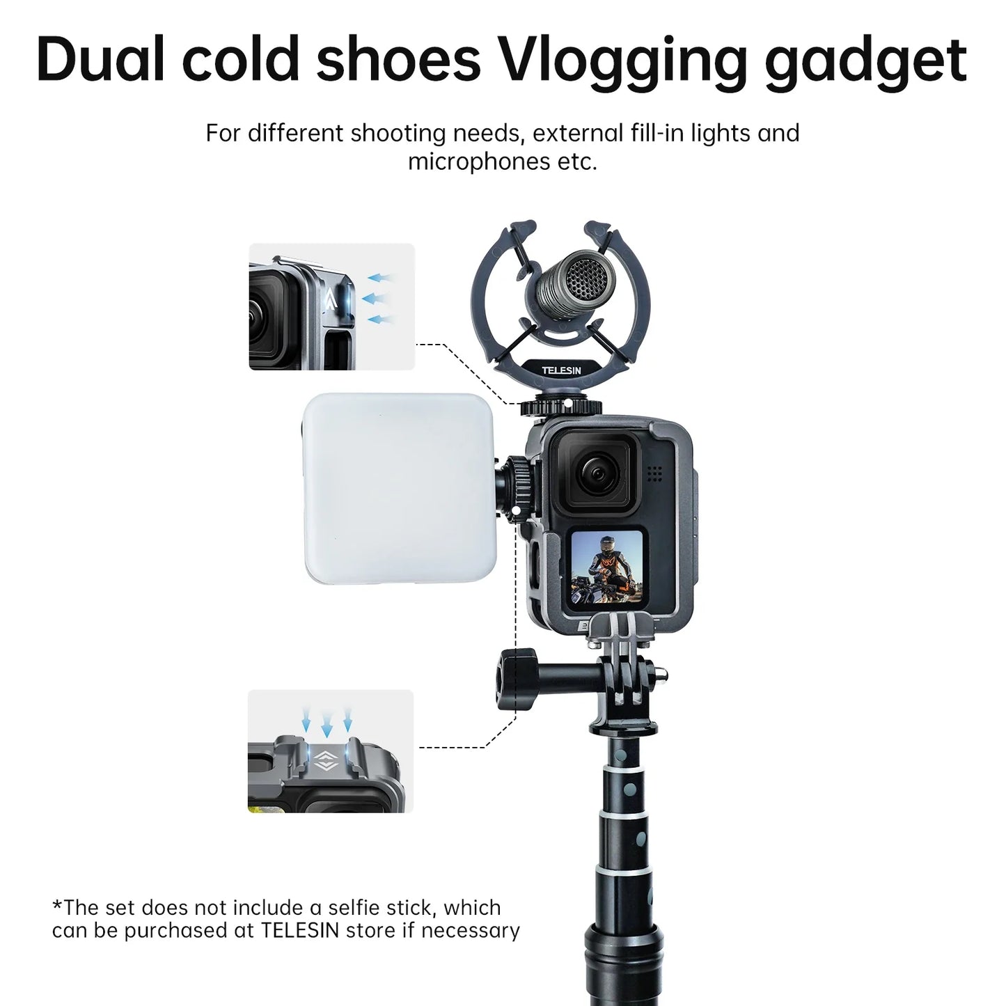 TELESIN Aluminum Alloy Cage for GoPro Hero 12/11/10/9 – Vlog Frame Case with Cold Shoe Mount & Protective Housing