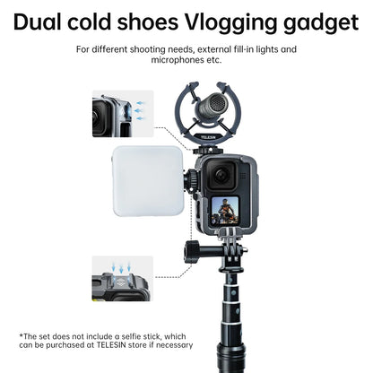 TELESIN Aluminum Alloy Cage for GoPro Hero 12/11/10/9 – Vlog Frame Case with Cold Shoe Mount & Protective Housing