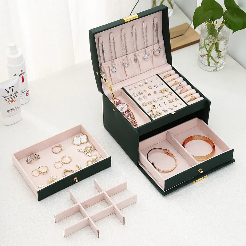 Multi-Functional Three-Layer Leather Jewelry Box – Drawer Style Organizer with Lock for Earrings