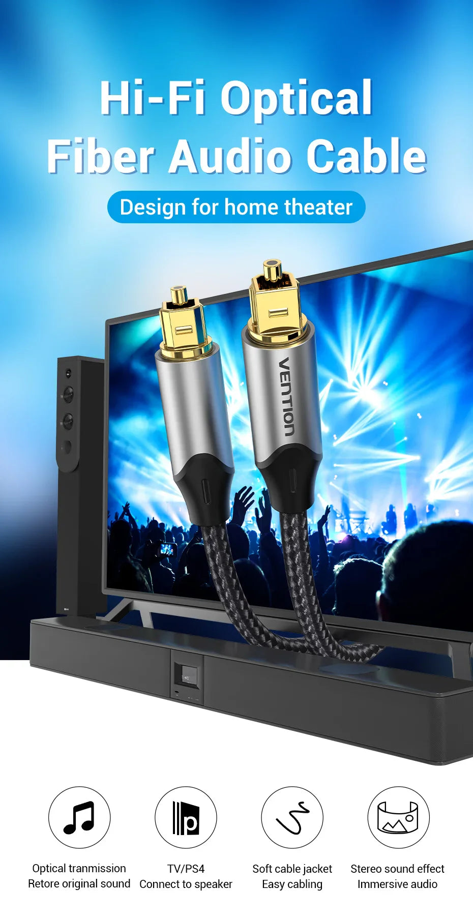 Vention Digital Optical Audio Cable – Toslink SPDIF Coaxial, 1m/2m for Amplifiers, Blu-ray, Xbox 360, PS4, Soundbar, Fiber Cable