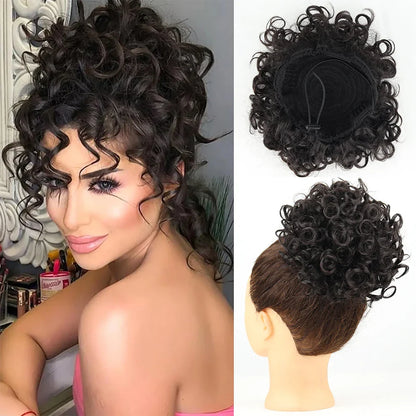 Synthetic Messy Bun Hair Piece – 60g Elastic Drawstring Curly Wave Hair Bun Extension for Women (Dark Brown)