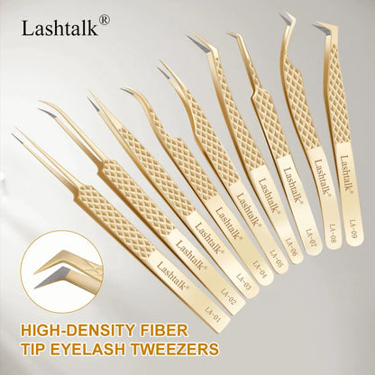 Lashtalk Precision Fiber Tip Tweezer - Diamond Grip Anti-Slip Gold Stainless Steel for Eyelash Extensions Makeup by Nagaraku