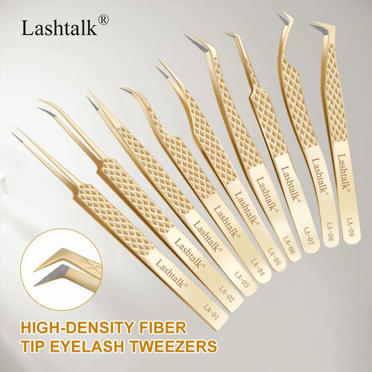 Lashtalk Precision Fiber Tip Tweezer - Diamond Grip Anti-Slip Gold Stainless Steel for Eyelash Extensions Makeup by Nagaraku