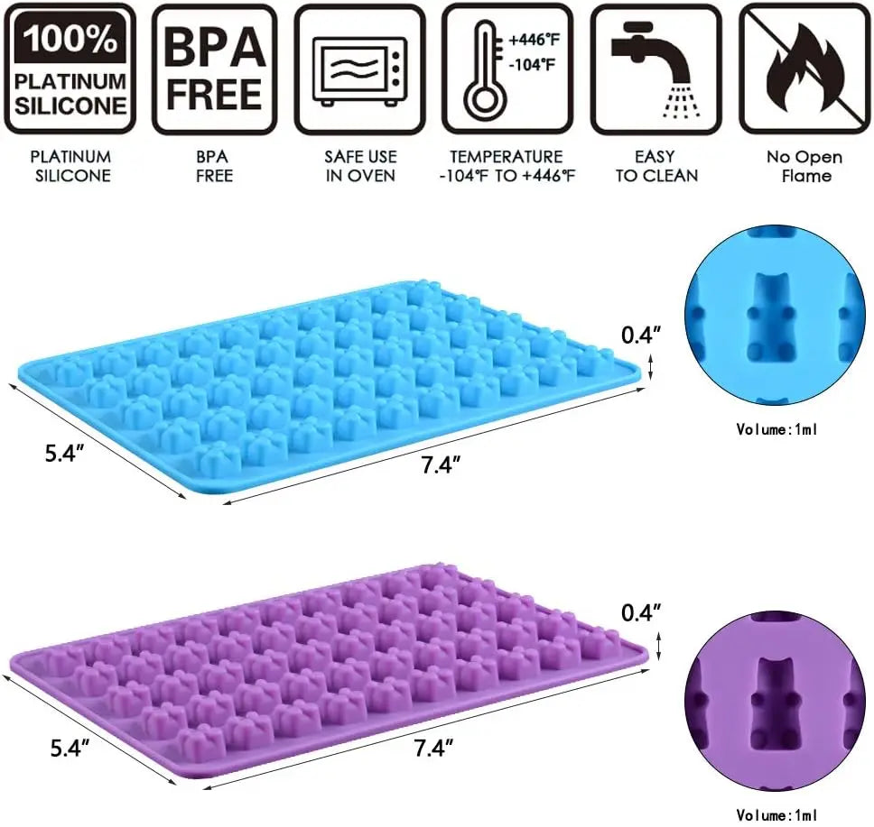 Gummy Bear Silicone Molds - Mini Chocolate Candy Molds with Droppers Food Grade Nonstick Baking Set of 4