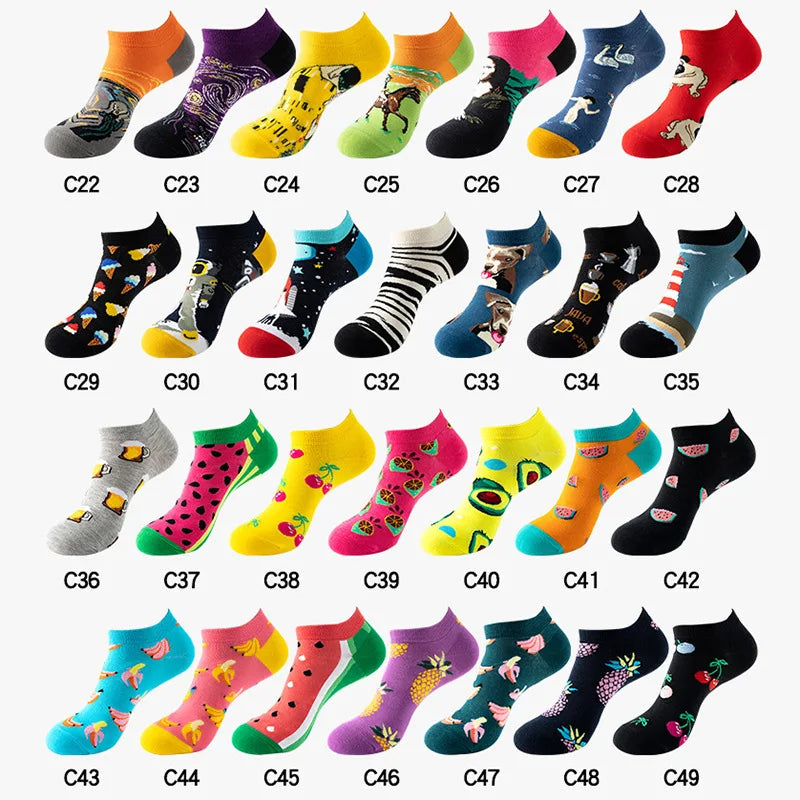 40-Style Colorful Cotton Ankle Socks – Fashion Novelty Short Socks for Men & Women, Funny Animal, Food & Avocado Casual Designs