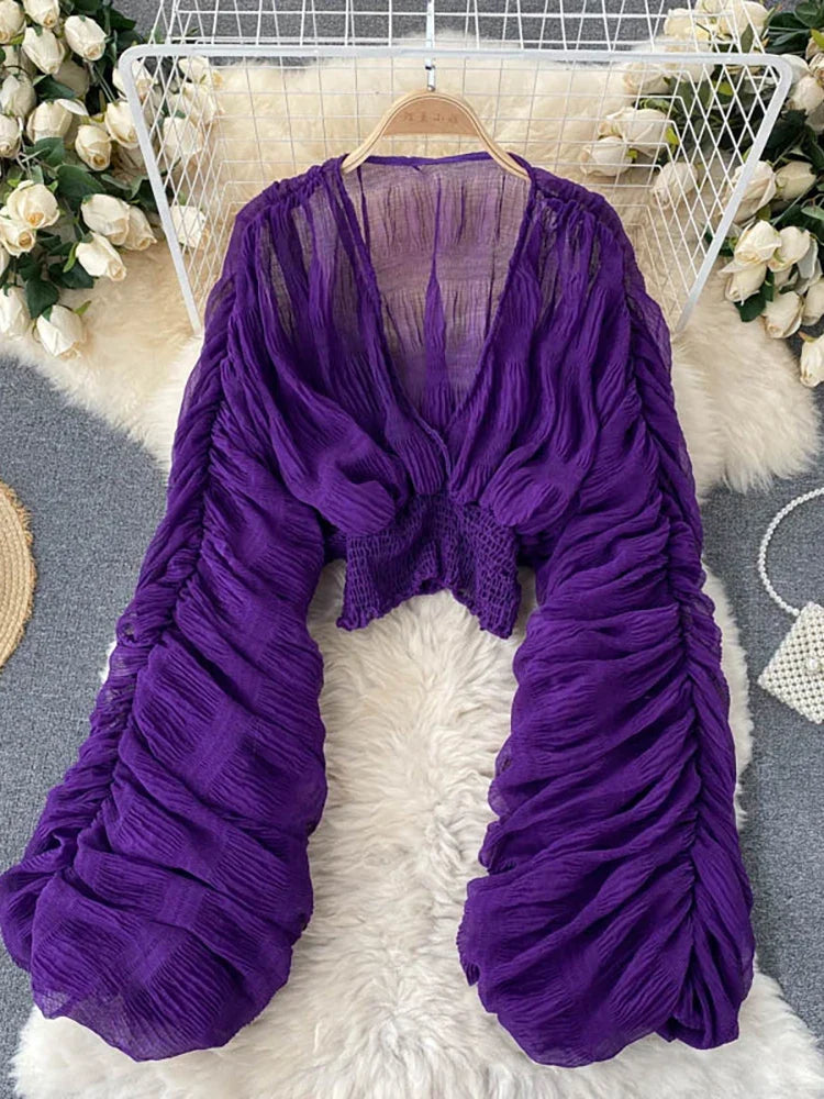 Women's Draped Chiffon Blouse - Elegant V-Neck Puff Sleeve Slim-Fit Party Top for Summer Fashion