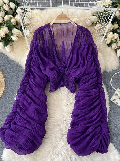Women's Draped Chiffon Blouse - Elegant V-Neck Puff Sleeve Slim-Fit Party Top for Summer Fashion