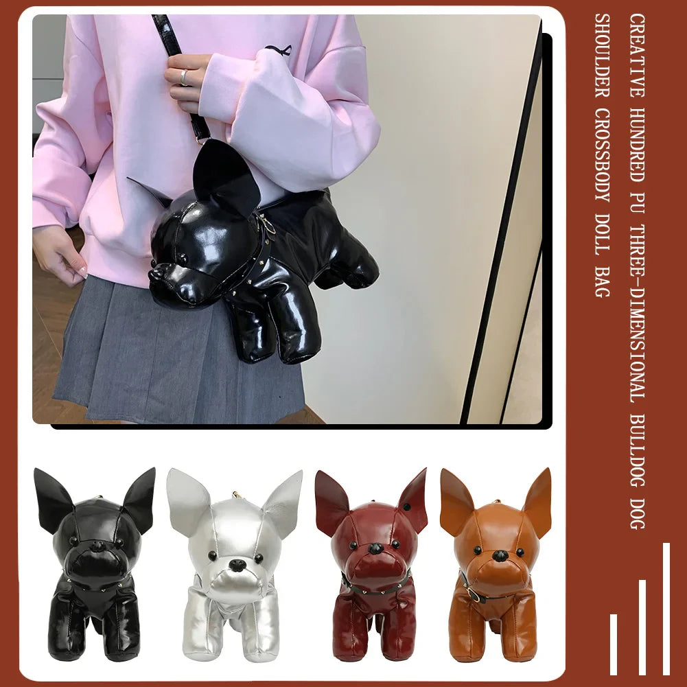 Unisex Bulldog-Shaped PU Leather Shoulder Bag – Adjustable Strap Zipper Satchel for Shopping & Travel