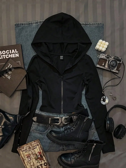 Women's Casual Hooded Sweatshirt - Minimalist Printed Zip-Up Cardigan Style Autumn Long Sleeve Top