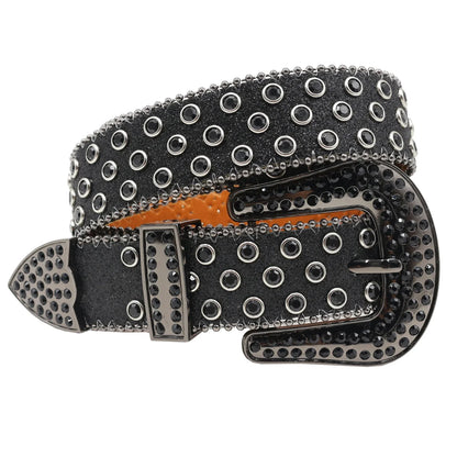 Women’s Rhinestone Skull Leather Belt – Luxury Designer Studded Strap for Jeans, White & Black