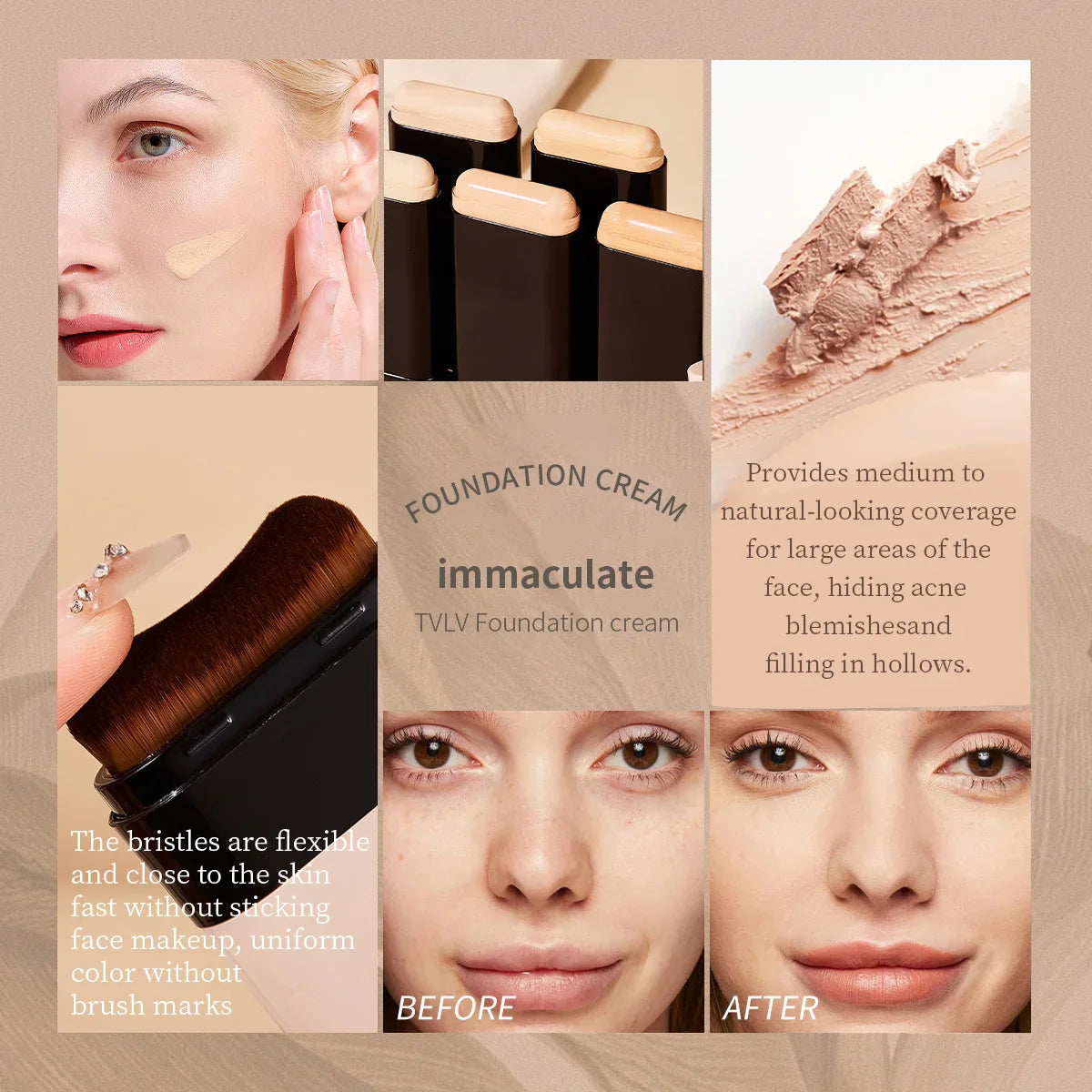 TVLV Eraser Foundation Stick with Brush – 20g Brightening Liquid Foundation & Long-Lasting Concealer