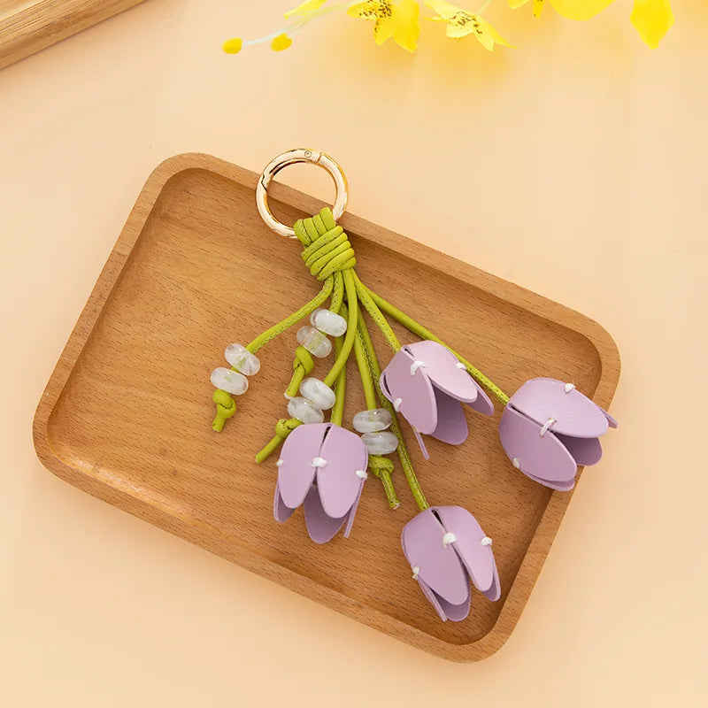 Genuine Leather Flower Bag Pendant Keychain – Original Handmade Osmanthus & Tulip Design, Exquisite Floral Charm for Bags & Accessories