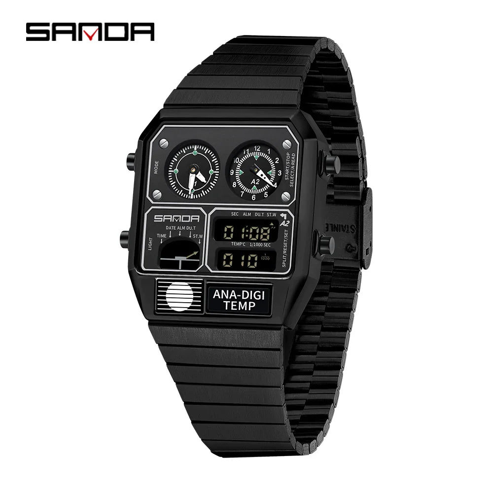 SANDA 3192 Men’s LED Square Watch — Youth Casual Multi-Function Stopwatch Thermometer Chronograph
