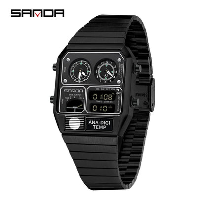 SANDA 3192 Men’s LED Square Watch — Youth Casual Multi-Function Stopwatch Thermometer Chronograph