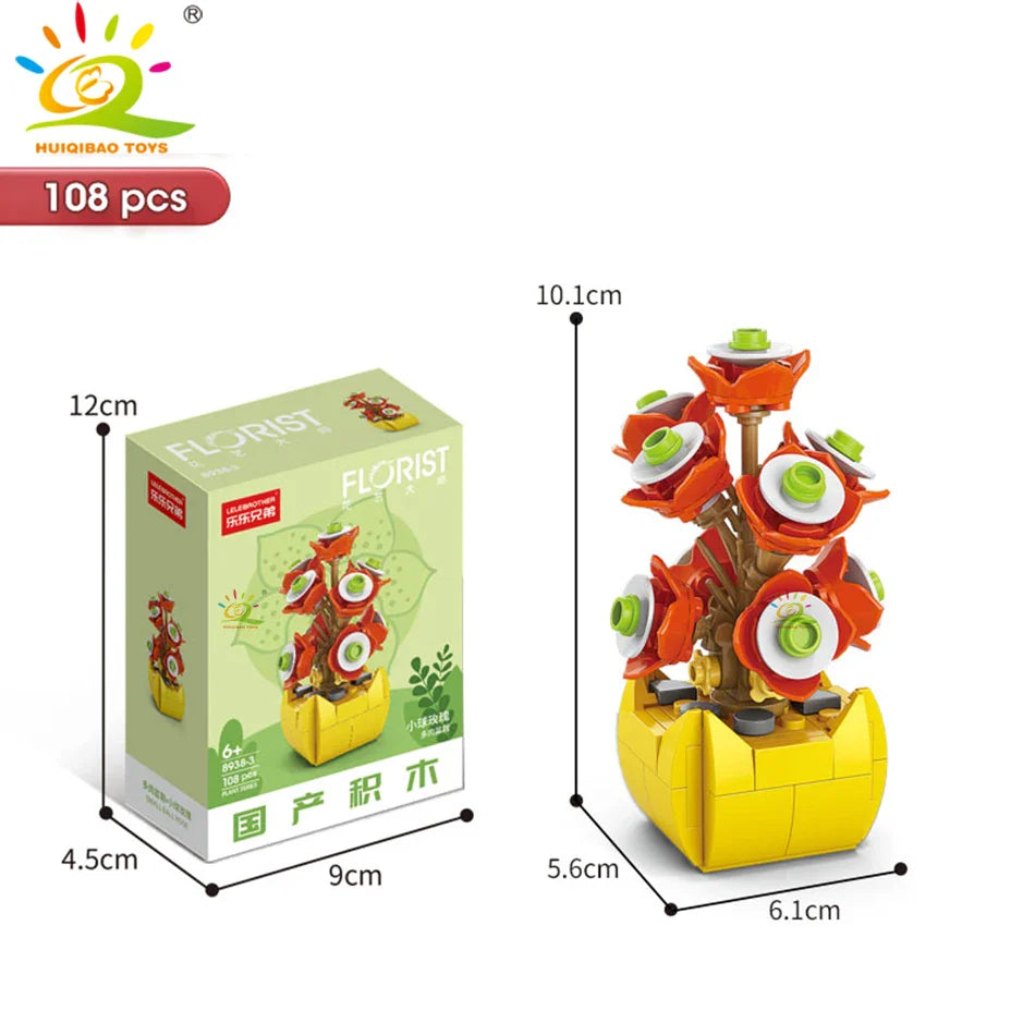 HUIQIBAO MOC Flower & Succulent Potted Building Block Set – DIY Eternal Bouquet, Home Desk Plant Decor, Girls & Kids Toy Gift