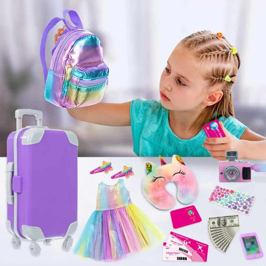 18-Inch Doll Clothes & Accessories Travel Set – Includes Pillow, Unicorn Bag, Camera, Computer, Phone & Passport, Gift for Kids