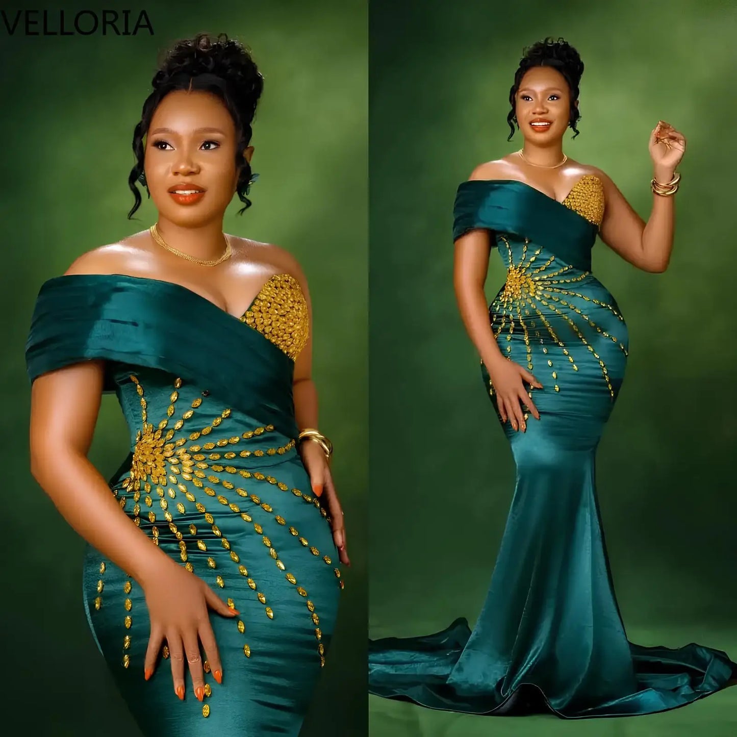 African Emerald Green Off-Shoulder Mermaid Evening Dress – Gold Beaded Bodycon Party Gown Plus Size Formal Wedding Dress