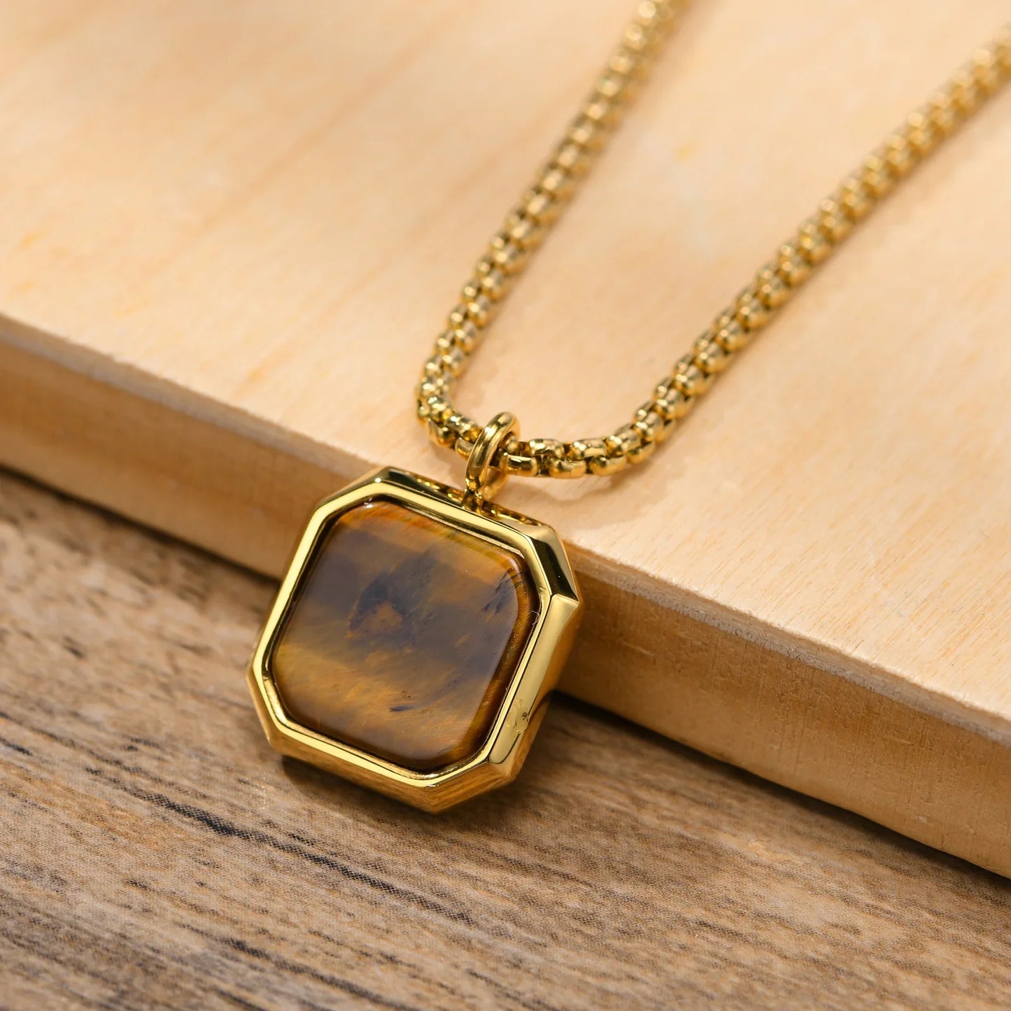 Vnox Stylish Men's Square Natural Stone Necklace - Stainless Steel Geometric Polygon Pendant, Casual Punk Jewelry Gift