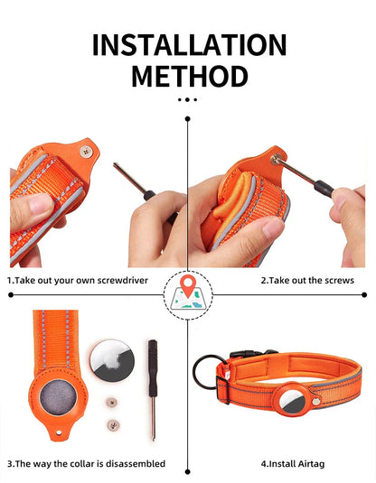Reflective Heavy-Duty Dog Collar with Adjustable AirTag Holder — For Small, Medium & Large Dogs